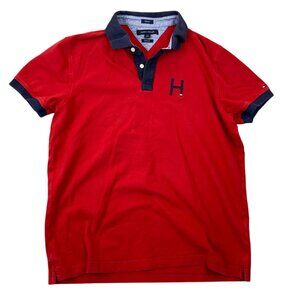 Tommy Hilfiger Mens Polo Shirt Large Slim Fit Short Sleeve Pullover Casual Red V